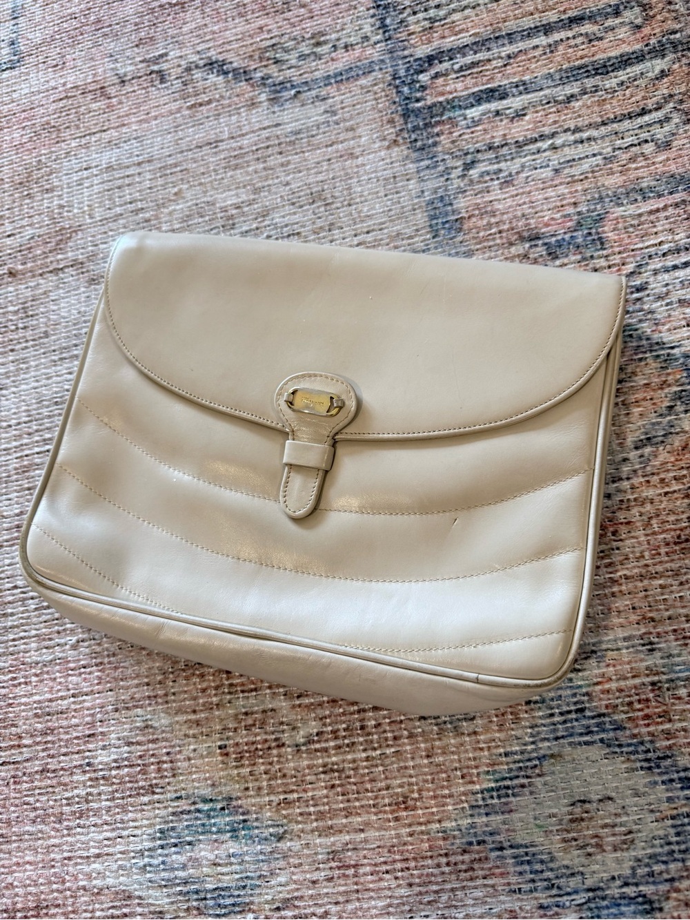 Authentic Vintage Ferragamo Light Beige Leather Shoulder Bag/Clutch